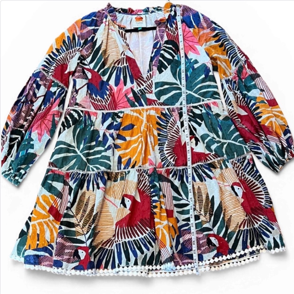 FARM Rio Multicolor Long Sleeve Dress Macaw Mini DressXS EUC Resortwear Vacation - Picture 6 of 11